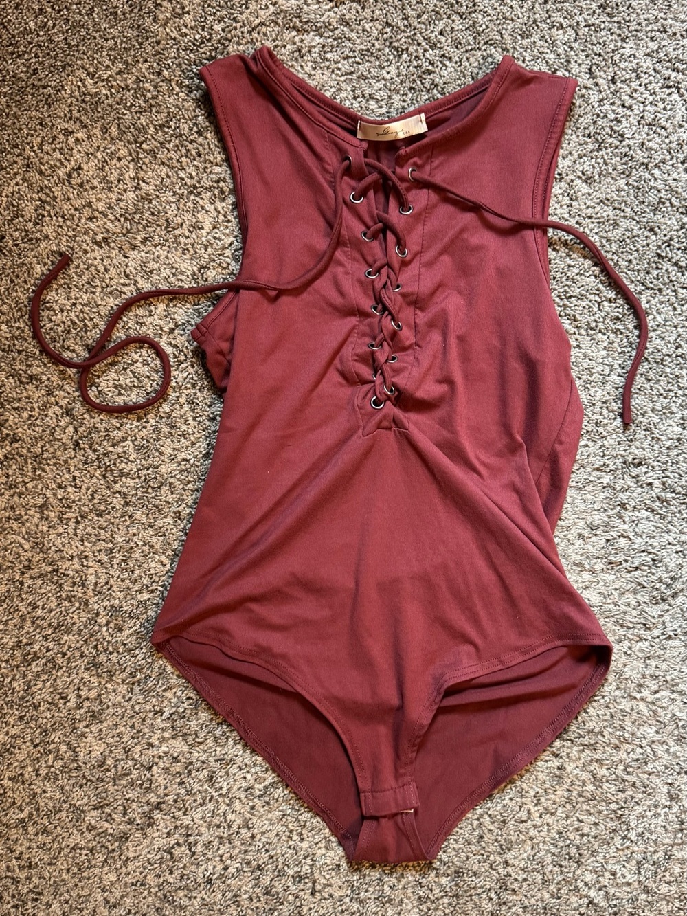 gaze Lace-Up Front Sleeveless Bodysuit in Burgundy